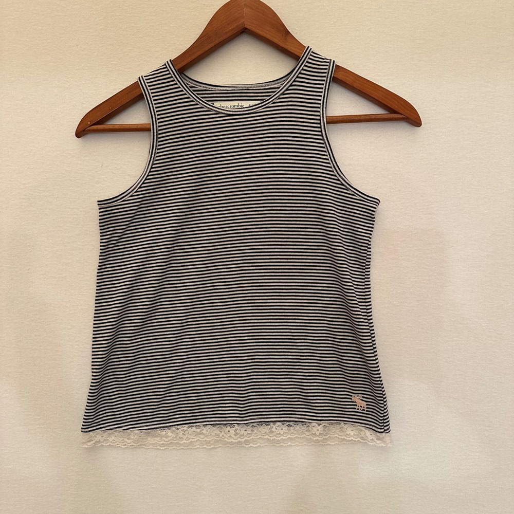 Abercrombie Kids Girls Navy White Striped Lace Hem Keyhole Tank Top Size 9/10